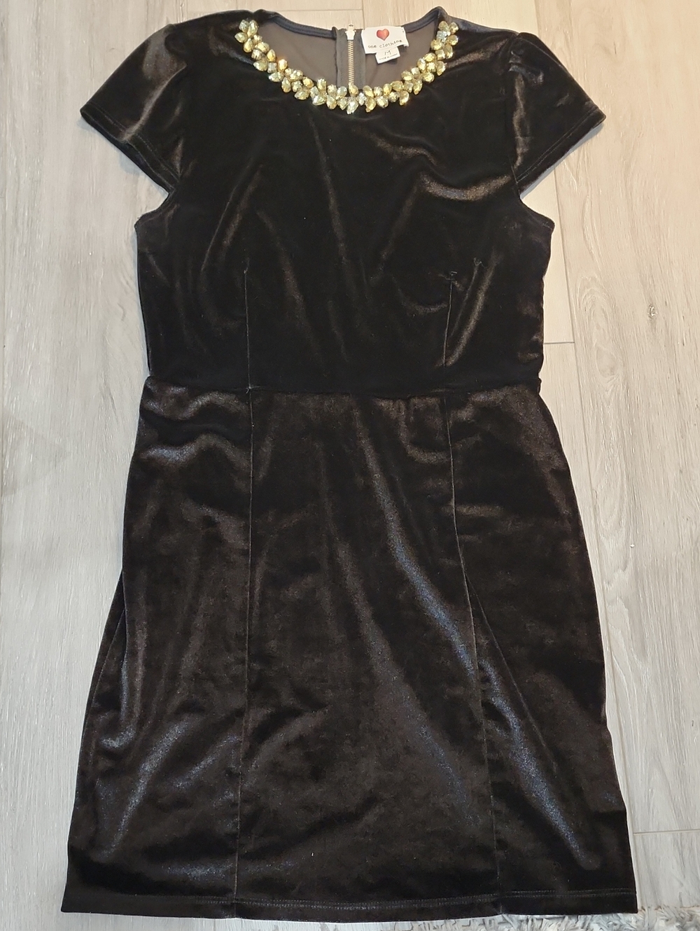 Heart Soul Black Velvet Mini Dress with Gold Jewel Neckline